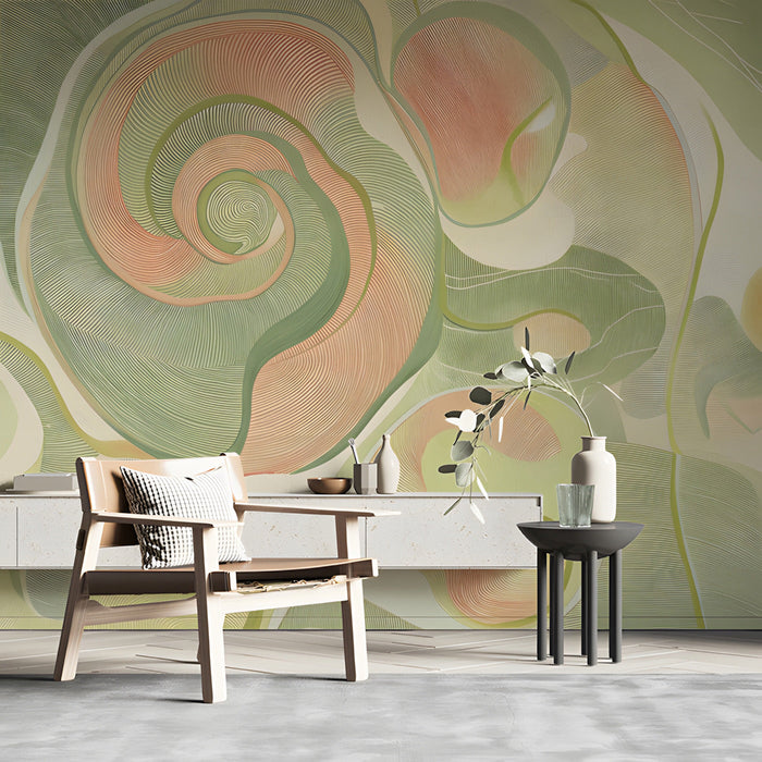 Modern study featuring a soft sage and peach abstract line art mural
