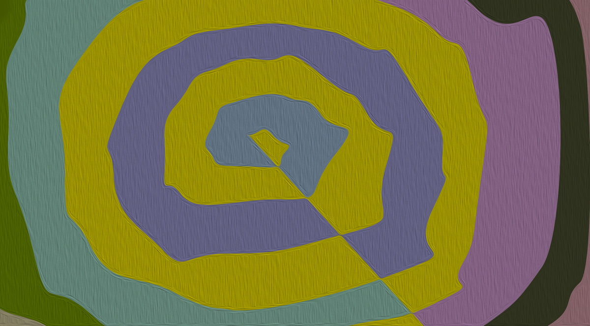 Abstract swirl wallpaper pattern featuring concentric waves in ochre, purple, and sage with a thick painterly texture.