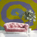 Entryway featuring an artistic swirl wall mural with soft lighting and minimalist furniture.