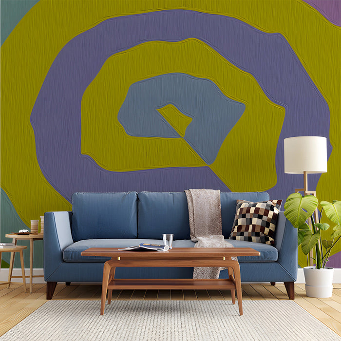 Living room wall decorated with abstract colorful swirl mural behind a modern velvet sofa.