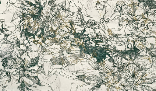 Abstract botanical ink pattern in deep forest green, charcoal, and gold on cream