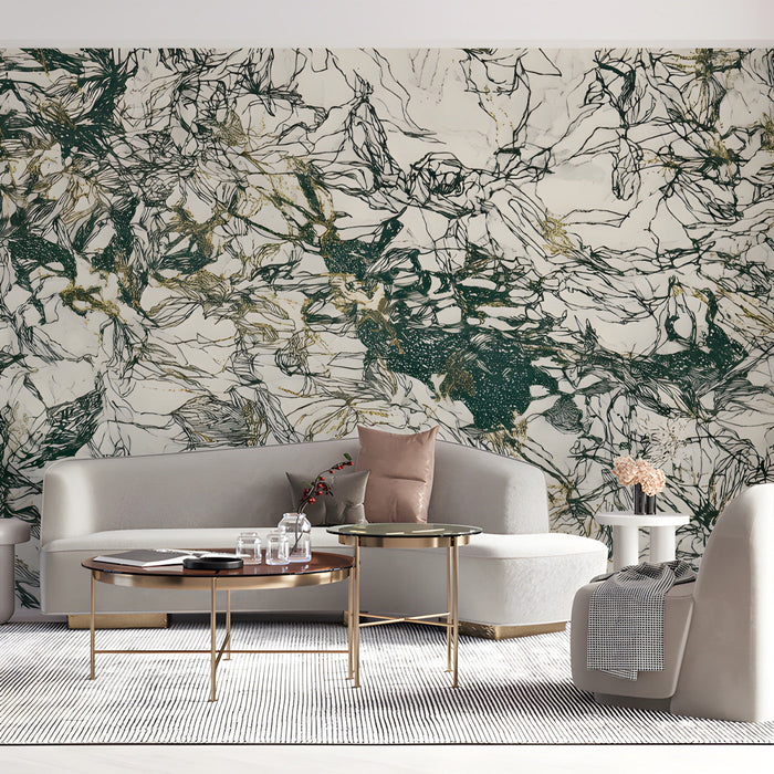 Minimalist living room with expressive dark ink and gold line art mural