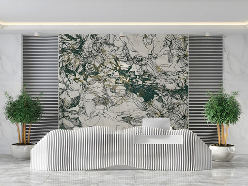 Modern reception featuring an abstract ink botanical wall mural as a backdrop