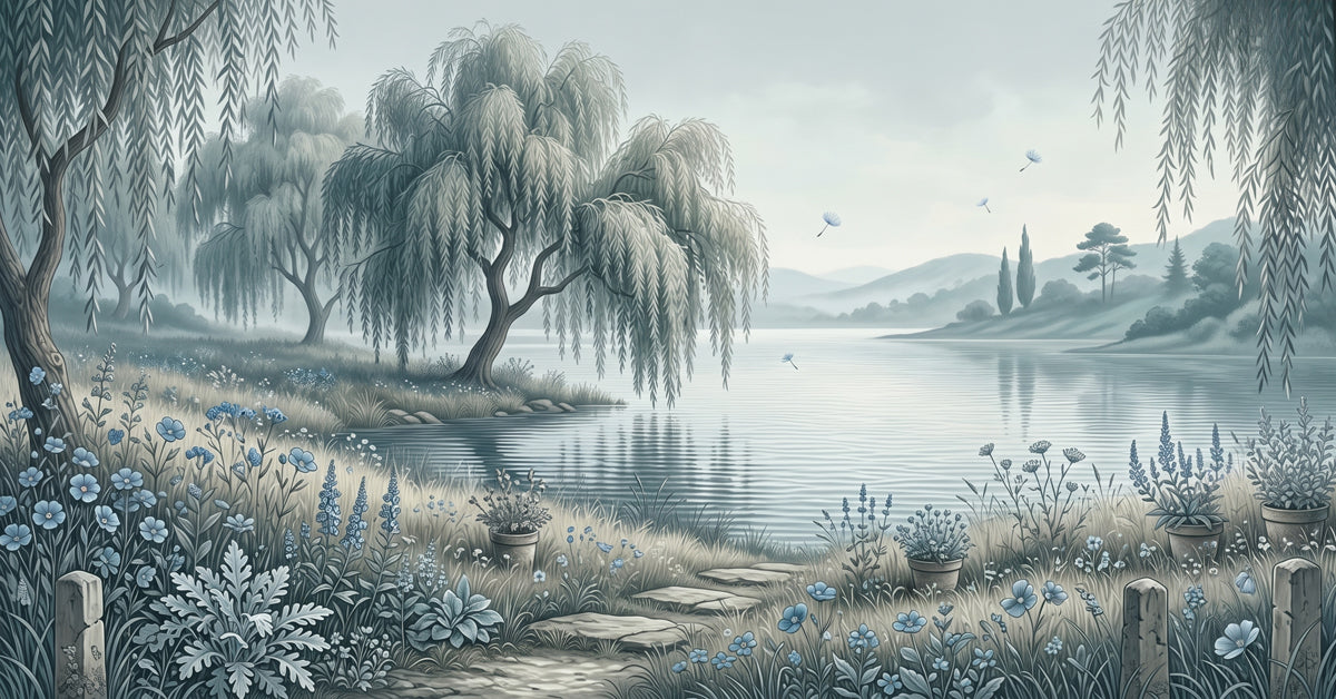 A soft pencil-style landscape mural featuring weeping willows, a lake, and foreground meadow flowers in slate blue and gray.