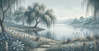 A soft pencil-style landscape mural featuring weeping willows, a lake, and foreground meadow flowers in slate blue and gray.