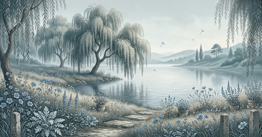 A soft pencil-style landscape mural featuring weeping willows, a lake, and foreground meadow flowers in slate blue and gray.