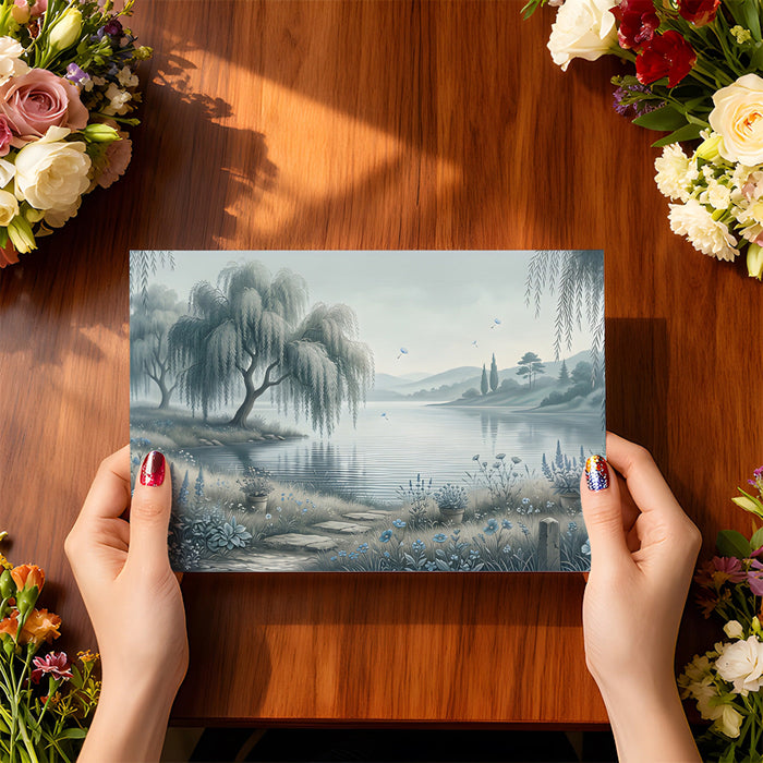 A quiet home office corner featuring the willow lake mural as a calm, artistic backdrop.