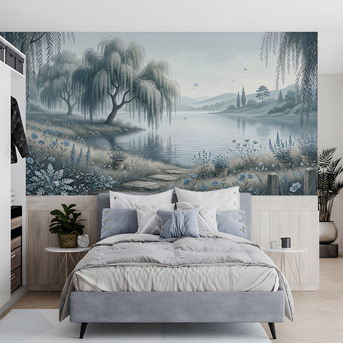 The lake scene wallpaper used in a bright bedroom to create a gentle, nature-inspired environment.