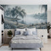 The lake scene wallpaper used in a bright bedroom to create a gentle, nature-inspired environment.