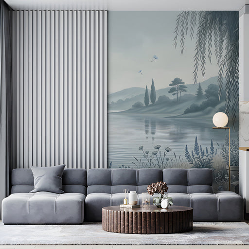The landscape mural installed behind a commercial space with neutral linen.