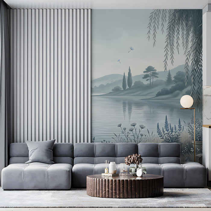 The landscape mural installed behind a commercial space with neutral linen.
