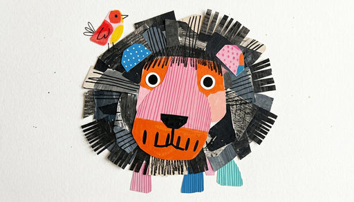 Abstract lion collage mural with charcoal mane, orange face, and red bird on white background