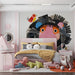 Modern lion art wallpaper in a bedroom with clean white shelving