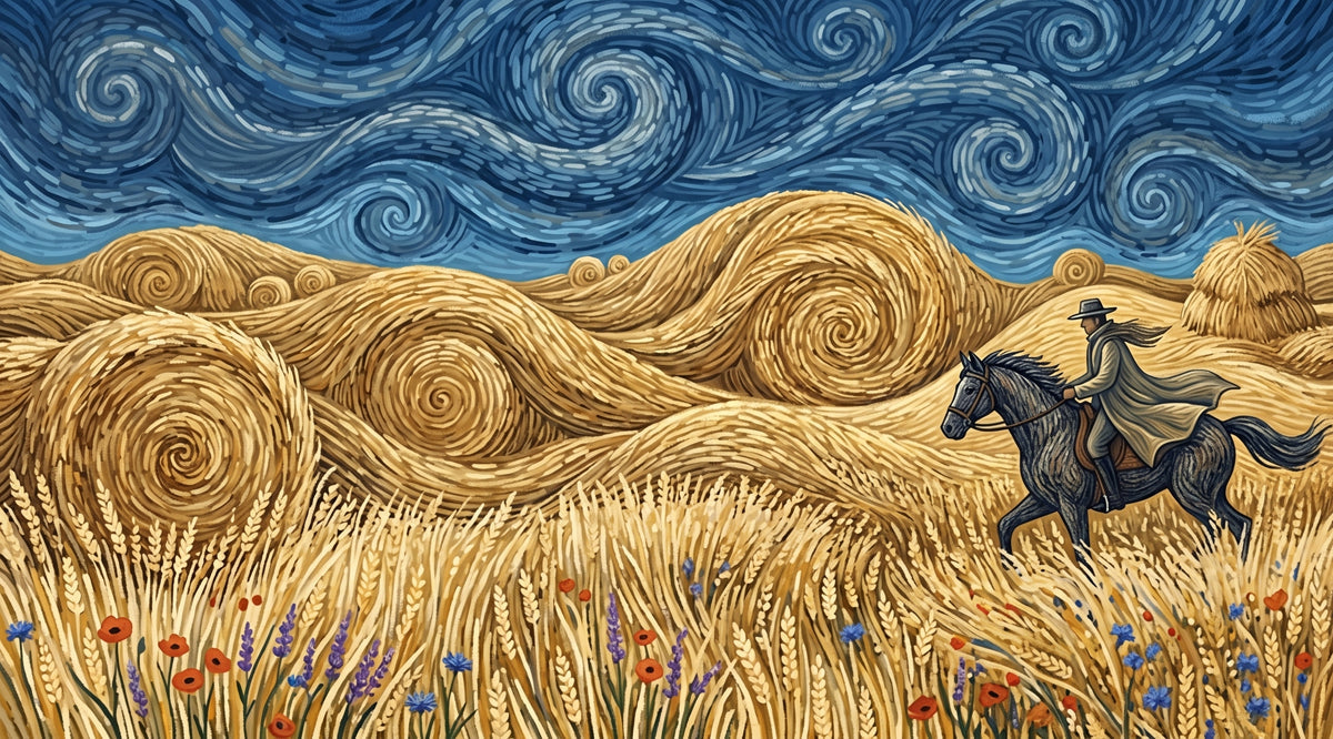 Van Gogh style wallpaper featuring golden wheat swirls, a rider on horseback, and a deep blue sky
