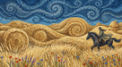 Van Gogh style wallpaper featuring golden wheat swirls, a rider on horseback, and a deep blue sky