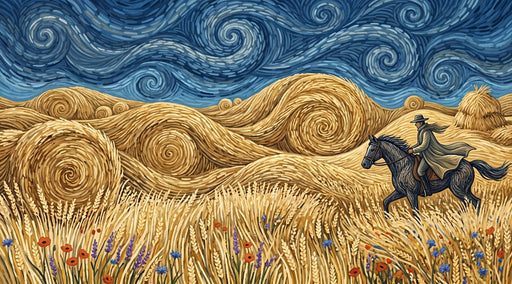Van Gogh style wallpaper featuring golden wheat swirls, a rider on horseback, and a deep blue sky