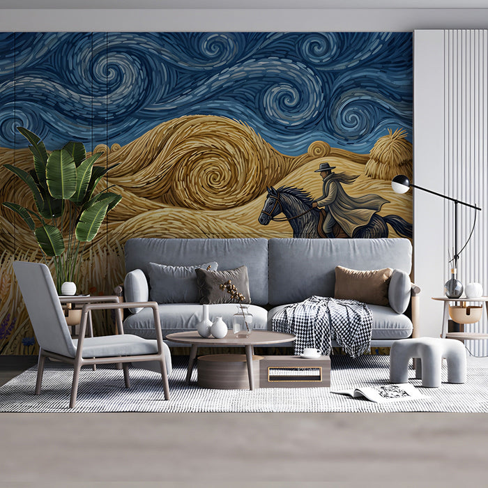 Living room wall decor featuring a swirling wheat field and horse landscape mural