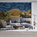 Living room wall decor featuring a swirling wheat field and horse landscape mural