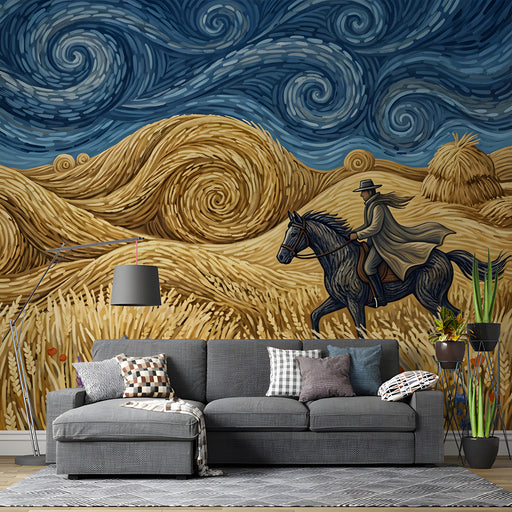 Living room wall featuring a vibrant post-impressionist wheat field mural
