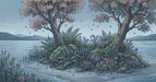 Hand-drawn mural of a peaceful lake island with bluebell flowers, ferns, and trees in muted blue and moss green.