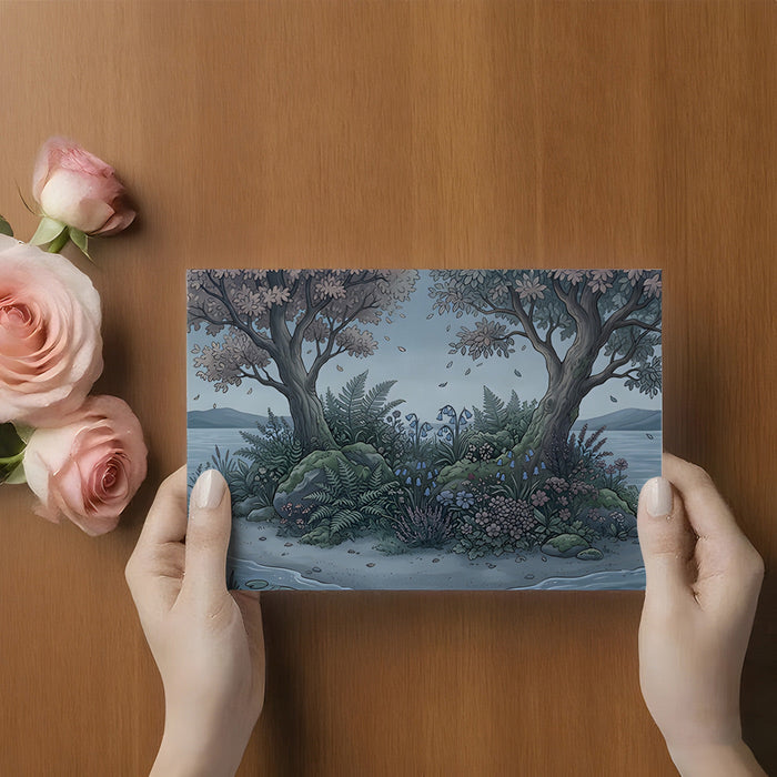 Serene home office setting featuring a landscape mural wall, creating a calming workspace with a natural view.
