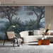 Cozy living room with the lakeside wallpaper mural, paired with a velvet armchair and soft ambient lighting.