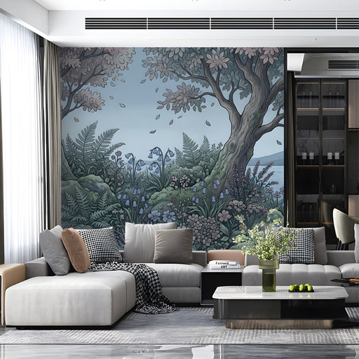 Tranquil commercial space with a lakeside mural behind the headboard, styled with soft linen bedding and light oak furniture.