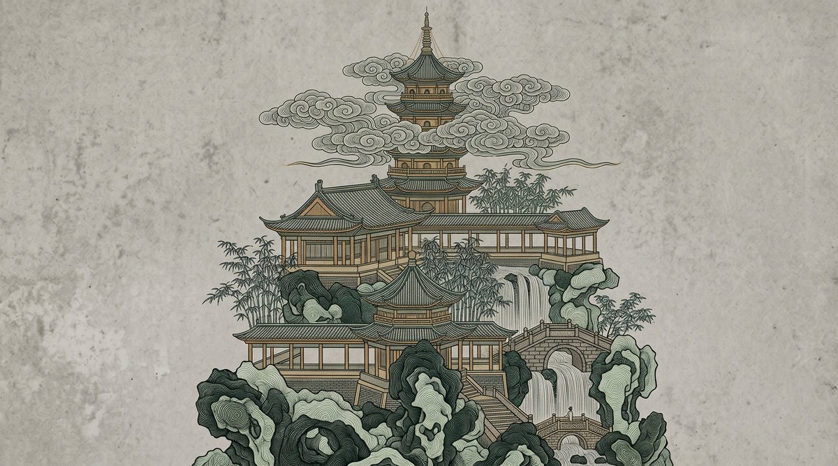 Intricate ink-style illustration of a pagoda on a mountain with waterfalls and clouds in muted sage green and beige.