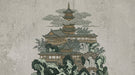 Intricate ink-style illustration of a pagoda on a mountain with waterfalls and clouds in muted sage green and beige.