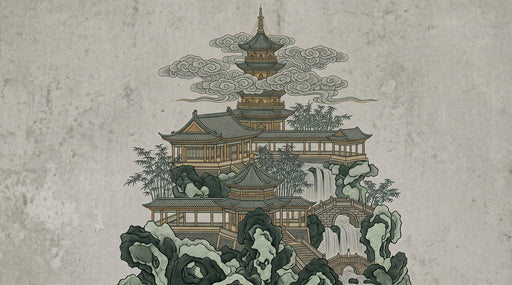 Intricate ink-style illustration of a pagoda on a mountain with waterfalls and clouds in muted sage green and beige.