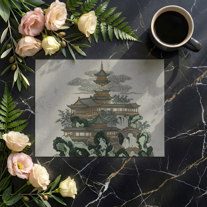 A quiet home office corner featuring the oriental landscape mural as a sophisticated backdrop.