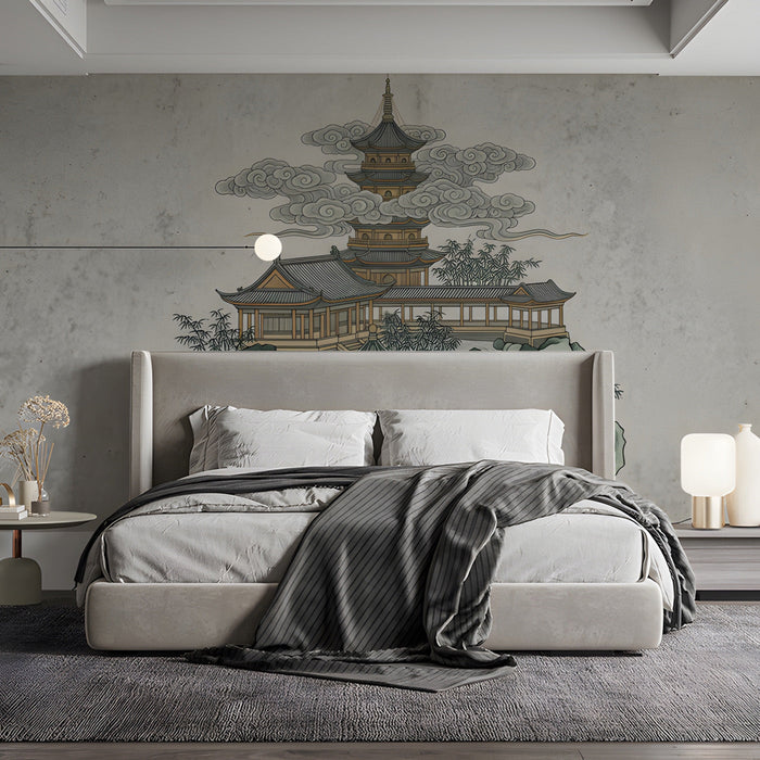 The pagoda landscape design used to create a calm bedroom in a living room space.
