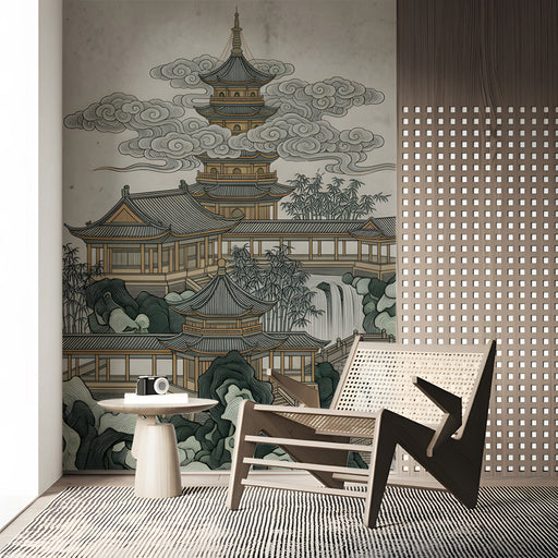 The pagoda mountain mural installed behind a wood-tone bed frame in an entryway.