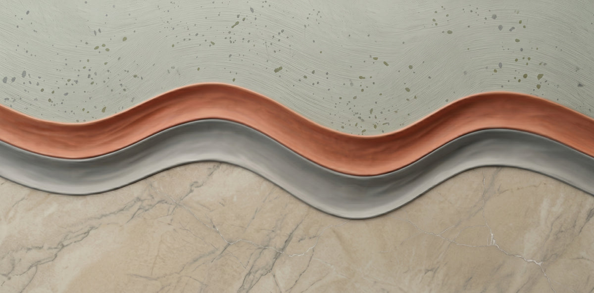 Abstract wallpaper pattern with layered curves of sage green, terracotta, gray, and beige marble texture