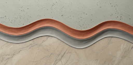 Abstract wallpaper pattern with layered curves of sage green, terracotta, gray, and beige marble texture