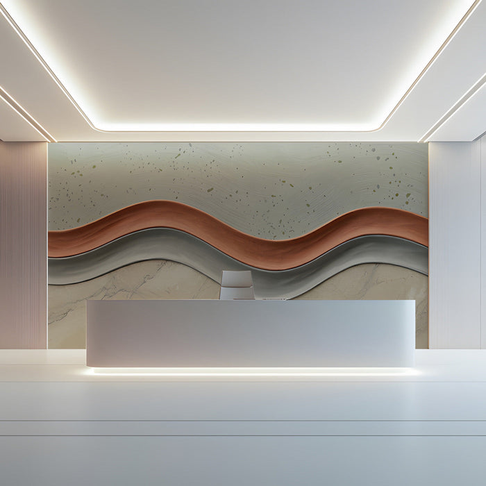 Minimalist home office space accented with an organic wave pattern wallpaper in neutral colors