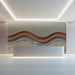 Minimalist home office space accented with an organic wave pattern wallpaper in neutral colors