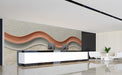 Modern hall featuring an abstract wave mural wallpaper with earthy tones and marble accents