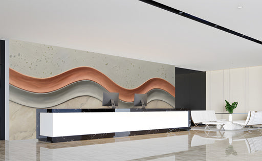 Modern hall featuring an abstract wave mural wallpaper with earthy tones and marble accents