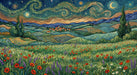 Oil painting style landscape wallpaper featuring swirling blue clouds and a poppy field