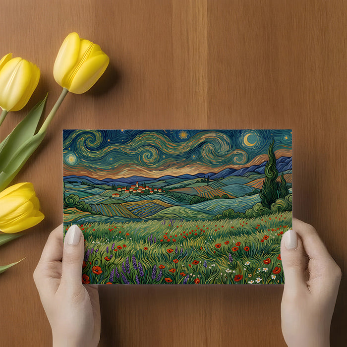 Bedroom wall featuring a van gogh inspired landscape with rolling hills