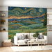 Living room interior with colorful artistic landscape mural wall
