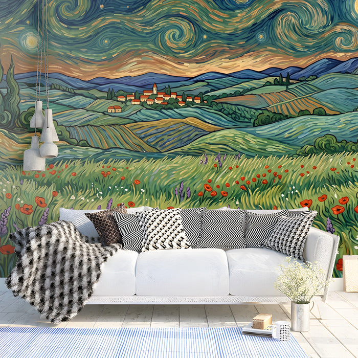 Living room with impressionist countryside mural behind a velvet sofa