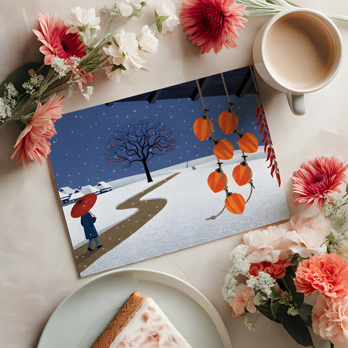 A quiet home office corner decorated with a colorful, illustrative winter landscape wallpaper.