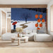 A serene living room wall showing a snowy rural Japanese scene with hanging persimmons and corn.