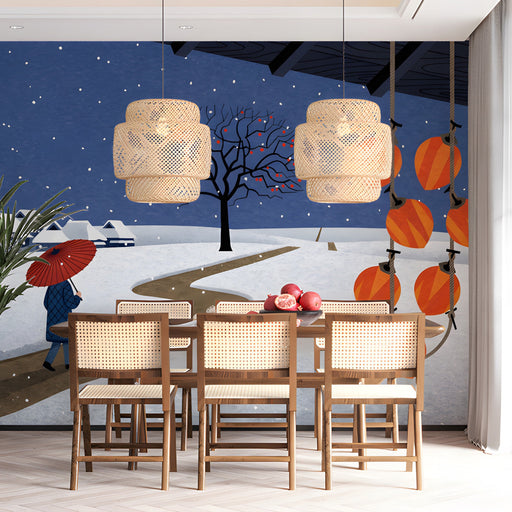 A cozy dining room wall featuring a peaceful Japanese winter village illustration.