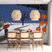 A cozy dining room wall featuring a peaceful Japanese winter village illustration.