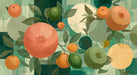 Abstract citrus grove wallpaper pattern with oranges and limes over a green grid background