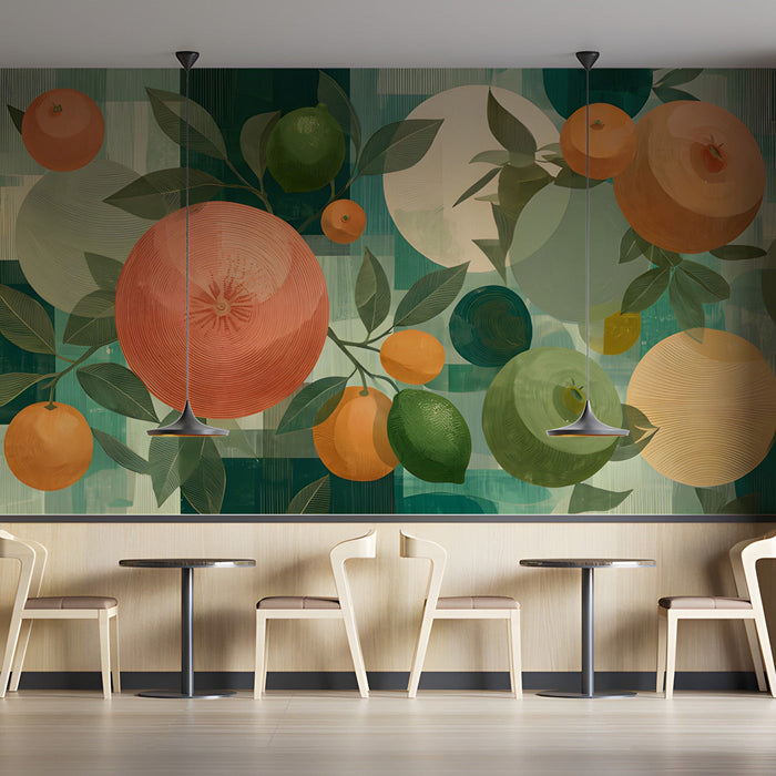 Modern  cafe decor with graphic orange and lime botanical wallpaper