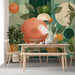 Modern kitchen wall covered in vibrant citrus mural wallpaper with wooden cabinets